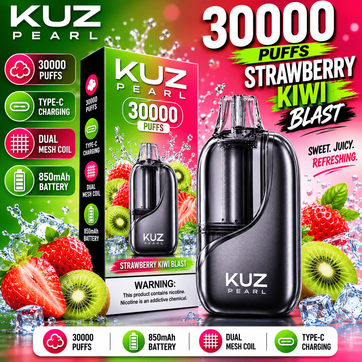 KUZ PEARL STRAWBERRY KIWI BLAST – 30000 PUFFS